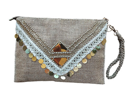 El Yapımı Boncuk İşlemeli Kadın Porföy Clutch El Çantası