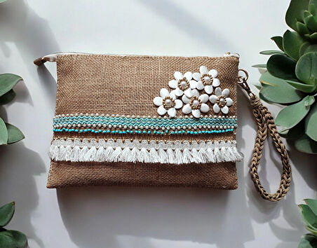 El Yapımı Boncuk İşlemeli Kadın Porföy Clutch El Çantası