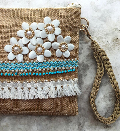 El Yapımı Boncuk İşlemeli Kadın Porföy Clutch El Çantası