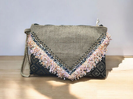 El Yapımı Boncuk İşlemeli Kadın Portföy Clutch El Çantası 