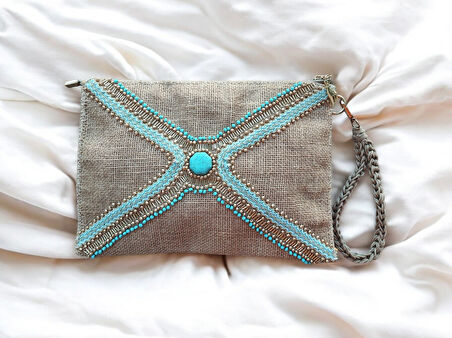 El Yapımı Boncuk İşlemeli Kadın Portföy Clutch El Çantası 