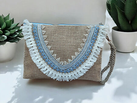 El Yapımı İnci Boncuk İşlemeli Kadın Portföy Clutch El Çantası