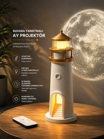 Ay Projektör Gece Lambası Deniz Feneri LED Kumandalı Şarjlı Kablosuz Kısılabilir Dekoratif Çocuk Odası Masa Lambası