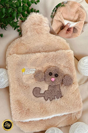 KREM- Peluş Kılıflı Köpek Emojili Sıcak Su Torbası 2 Litre