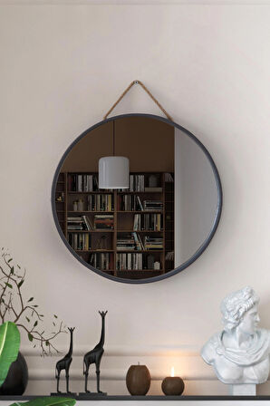 Mirora Yuvarlak Dekoratif Duvar Aynası | Boyalı Ahşap Çerçeveli | 48cm | Antrasit