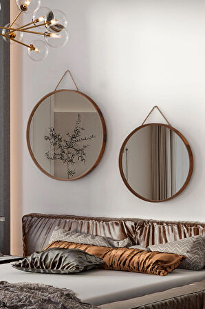 Mirora 2'li Yuvarlak Dekoratif Duvar Aynası | Boyalı Ahşap Çerçeveli | 60cm 48cm | Yerli Ceviz