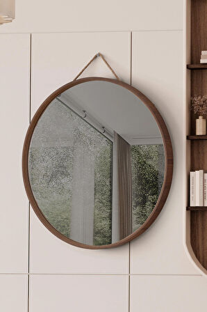 Mirora 2'li Yuvarlak Dekoratif Duvar Aynası | Boyalı Ahşap Çerçeveli | 60cm 48cm | Amerikan Ceviz