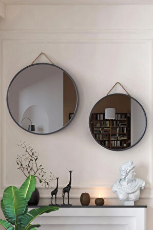 Mirora 2'li Yuvarlak Dekoratif Duvar Aynası | Boyalı Ahşap Çerçeveli | 60cm 48cm | Antrasit