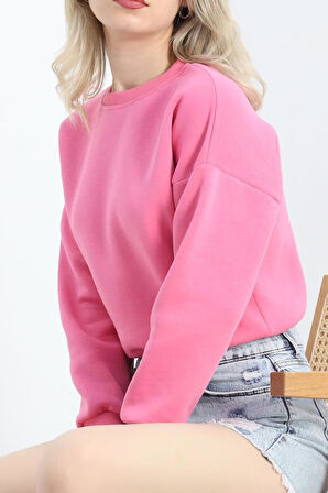 SBN Kadın Bisiklet Yaka 3 İplik Crop Sweat Pembe