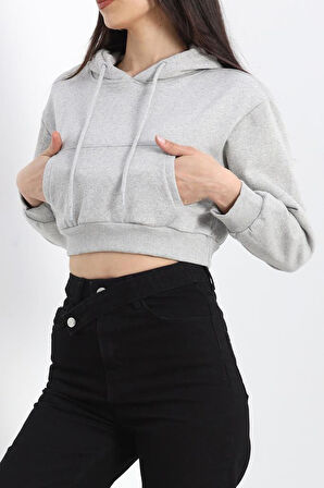 SBN Kadın Şardonlu Oversize Crop Sweat Gri1