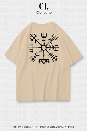 Unisex Kadın Erkek Viking Pusula Vegvisir Baskılı Özel Tasarım Oversize T-shirt