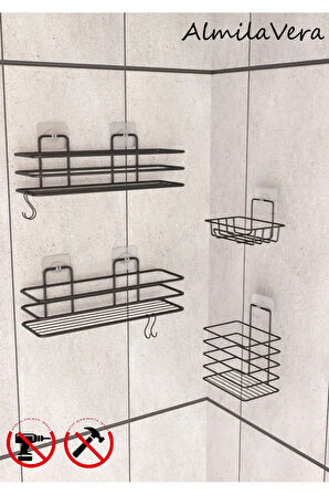Siyah Paslanmaz Yapışkanlı Metal Banyo Rafı Düzenleyici 4'lü Set Kancalı Duş Rafı Sabunluk Rafı