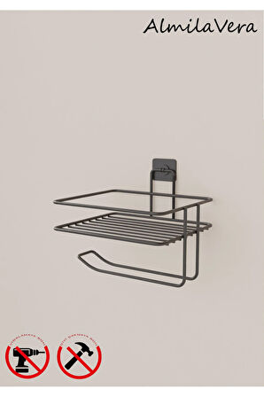 Yapışkanlı Siyah Tuvalet Kağıtlığı Askısı Yedekli Tuvalet Kağıtlık Wc Kağıtlık