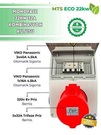 22 Kw Trifaze Taşınabilir Elektrikli Araç Şarj Cihazı Kombinasyon Kutusu 5*32 trifaze ve 1*16 yan prizli
