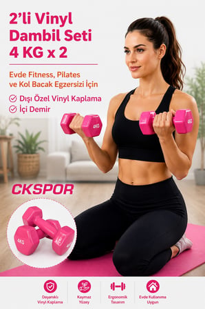 CKSpor 2’li Vinyl Dambıl Seti 4 Kg x 2 – Evde Fitness & Pilates İçin Vinil Kaplı Demir Dambıl