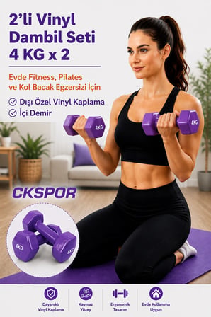 CKSpor 2’li Vinyl Dambıl Seti 4 Kg x 2 – Evde Fitness & Pilates İçin Vinil Kaplı Demir Dambıl