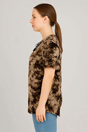 KADIN BÜYÜK BEDEN Bebe Yaka Bağcık Detaylı Batik desen Bluz