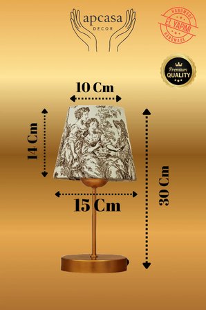 Vintage Mini Toile de Jouy ABAJUR Fransız Desen GOLD Metal Kablolu Ayak Masa Lambası