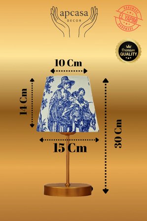 Vintage Mini Toile de Jouy ABAJUR Fransız Desen GOLD Metal Kablolu Ayak Masa Lambası