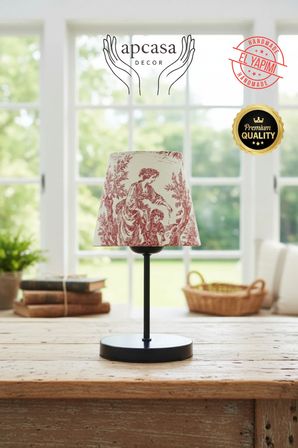 Vintage Mini Toile de Jouy ABAJUR Fransız Desen Siyah Metal Kablolu Ayak Masa Lambası