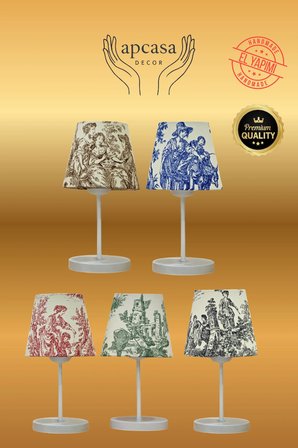 Vintage Mini Toile de Jouy ABAJUR Fransız Desen Beyaz Metal Kablolu Ayak