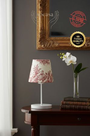 Vintage Mini Toile de Jouy ABAJUR Fransız Desen Beyaz Metal Kablolu Ayak