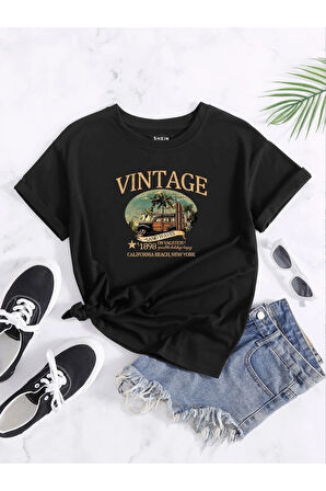 Kadın Siyah Vintage Sand Waves Baskılı Oversize T-shirt