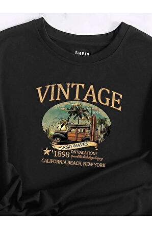 Kadın Siyah Vintage Sand Waves Baskılı Oversize T-shirt