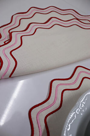 zigzag desenli pembe kırmızı nakışlı amerikan servis 6 lı