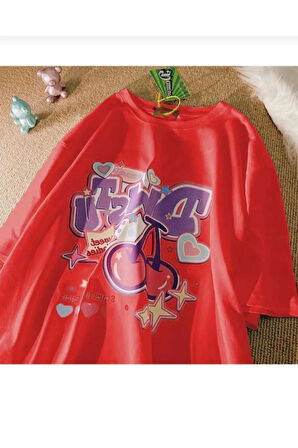 malkoçbey vişne baskılı oversize unisex basic t-şhirt