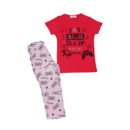 Desenli Kısa Kolu Pantolonlu Erkek Çocuk Pijama Takımı 3206