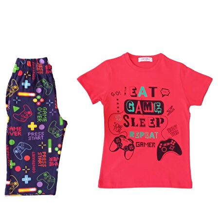 Desenli Kısa Kolu Kapri Pantolonlu Erkek Çocuk Pijama Takımı 3306