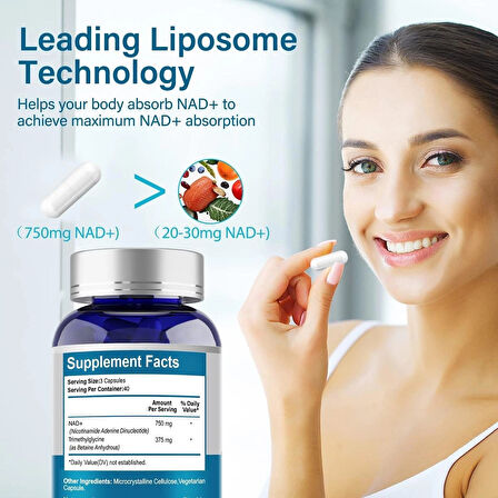 VIVALIFER Liposomal NAD+ 500mg with Trimethylglycine TMG 250 mg Anti Aging Repair Brain 120 Caps