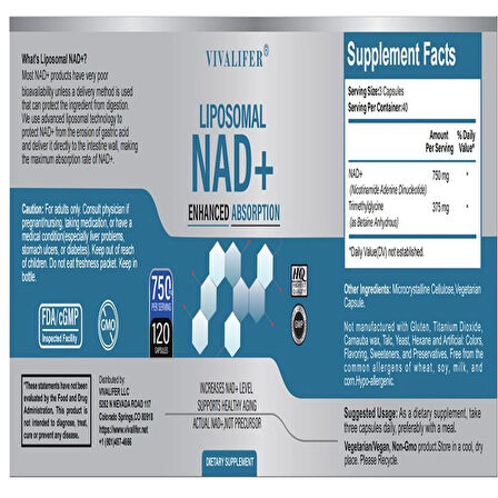 VIVALIFER Liposomal NAD+ 500mg with Trimethylglycine TMG 250 mg Anti Aging Repair Brain 120 Caps