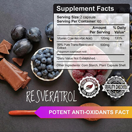 VIVALIFER Resveratrol+Vitamin C Anti-Aging Immune, Cardiovascular Joint 500mg+120mg 120 Caps