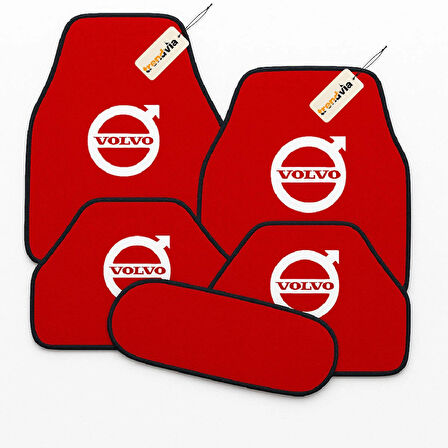 Kırmızı Renk Volvo Logolu Kaymaz Oto Halı Paspas Takımı 5 Parça – Şık ve Dayanıklı Araç İçi Zemin Koruma Seti