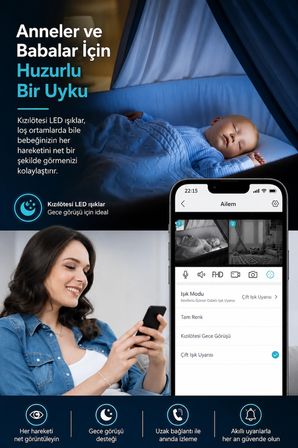 Gece Renkli Görüşlü 6MP Full HD Çift Kameralı Bebek, Bakıcı ve Evcil Hayvan Takip Kamerası