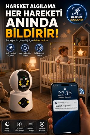 Gece Renkli Görüşlü 6MP Full HD Çift Kameralı Bebek, Bakıcı ve Evcil Hayvan Takip Kamerası