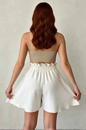  Kadın Volanlı Bağcık Aksesuarlı Keten Şort