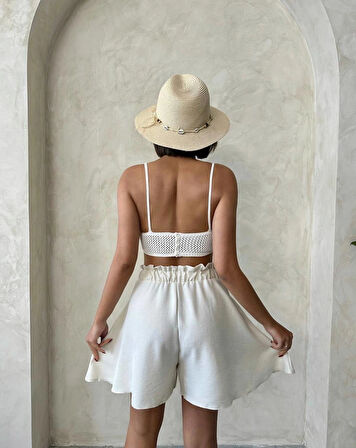  Kadın Volanlı Bağcık Aksesuarlı Keten Şort