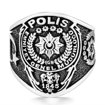 925 Ayar Gümüş Polis Armalı ve Türk Desenli Erkek Yüzük