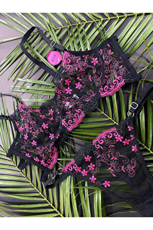 İç Giyim Kaliteli Şık Çiçek Desenli Brode Sütyen Takım