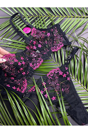 İç Giyim Kaliteli Şık Çiçek Desenli Brode Sütyen Takım