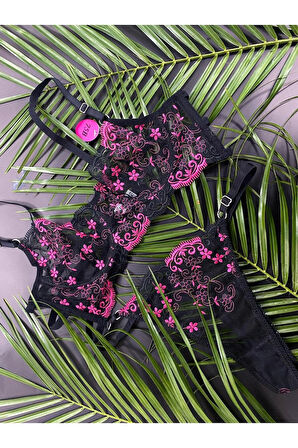 İç Giyim Kaliteli Şık Çiçek Desenli Brode Sütyen Takım