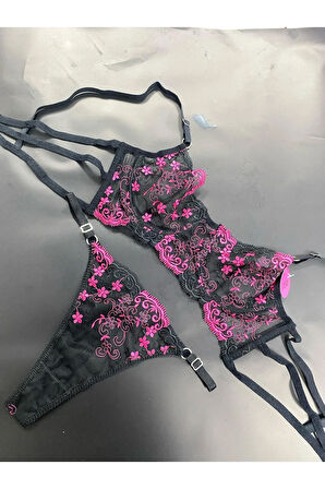 İç Giyim Kaliteli Şık Çiçek Desenli Brode Sütyen Takım