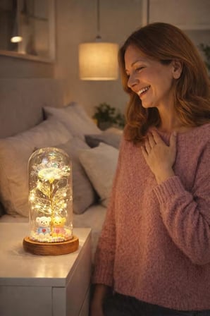 LED Işıklı Güllü Cam Fanus Ayıcıklı Gece Lambası Anneler Günü Hediyesi