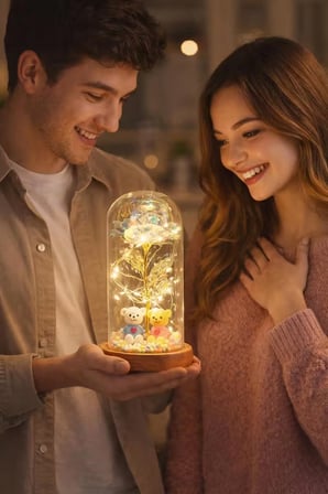 LED Işıklı Güllü Cam Fanus Ayıcıklı Gece Lambası Anneler Günü Hediyesi