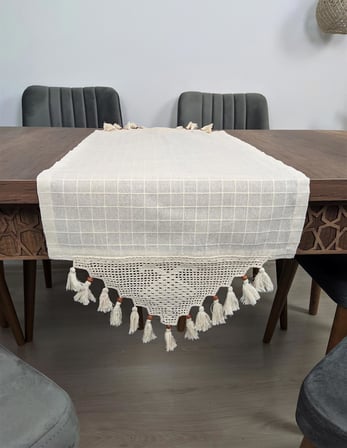  El Dantelli Püsküllü Runner Ranır Örtü Buldan Işi Monika Keten Sehpa Masa Üst