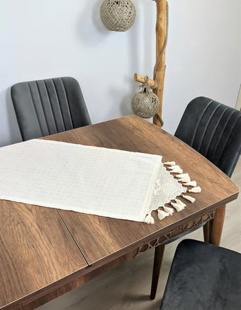  El Dantelli Püsküllü Runner Ranır Örtü Buldan Işi Monika Keten Sehpa Masa Üst