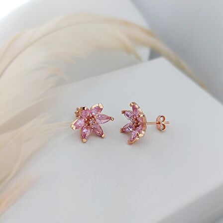 Vaoov 925 Ayar Gümüş Pembe Taşlı Lotus Çiçeği Küpe